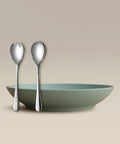 All Is Served Set with two silver utensils resting against a pale green shallow bowl