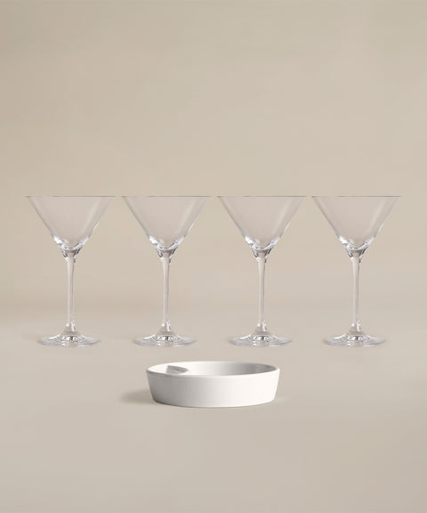 Merry Martini Set four clear martini glasses with a white serving bowl in front.